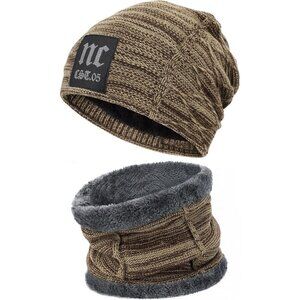 🆕 Men Khaki Fleece Lined Winter Cap Beanie Scarf Set Knit Neck Warmer Nice Hat